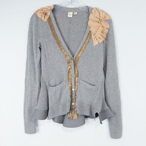 Anthropologie Yellow Bird Cotton Cashmere Cardigan Womens Small Gray Gold Sequin